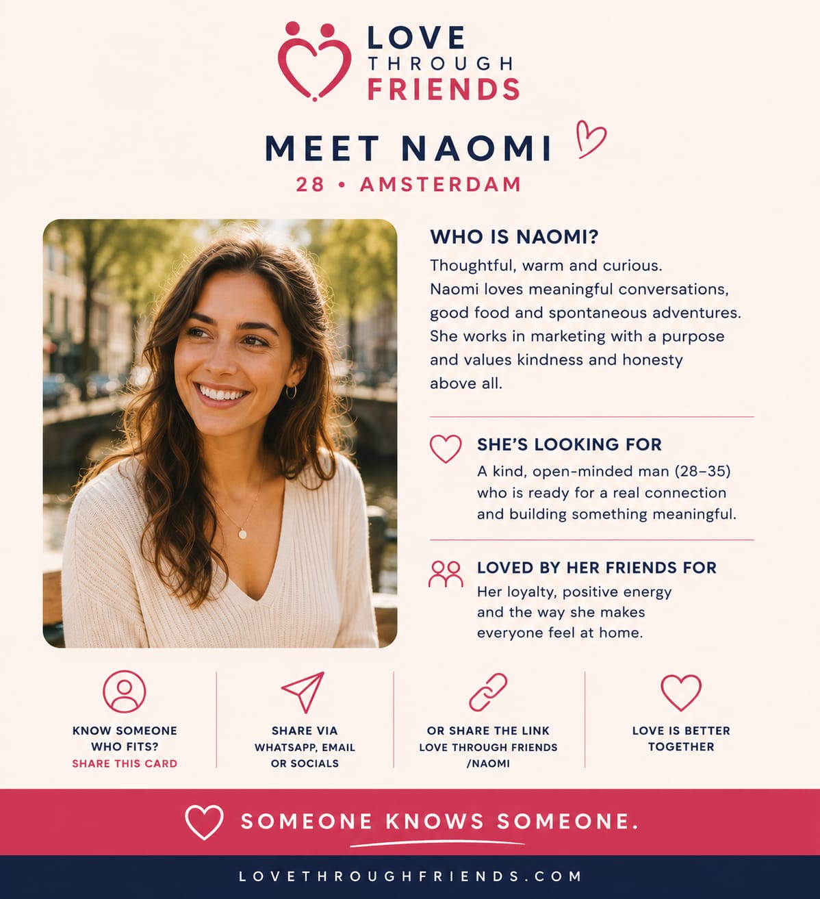 Example profile card: Meet Naomi, 28, Amsterdam